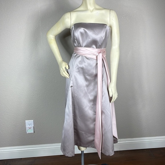 After Six Strapless Bridesmaid Dress Tea Midi Silver with Pink Waist Sash 10 - Picture 3 of 13